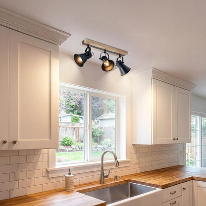 3-Lights Track Lighting Fixtures Ceiling，Farmhouse Wood Flush Mount Ceiling Light, Multi-Directional Kitchen Sink Light, Rustic Track Lighting for Kitchen Living Room, Dining Table, Foyer