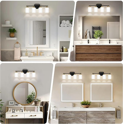 FonmYim Black and Gold Bathroom Light Fixtures, 4-Light Modern Vanity Light Over Mirror, Wall Sconces with Milky White Frosted Glass Shades, E26 Socket (Bulbs Not Included)