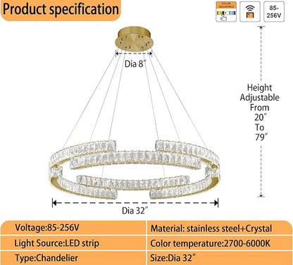 Modern LED Gold Ring Chandelier for Living Room Dinning Room 32in Crystal Ring Pendant Light Dimmable 3000k-6000k