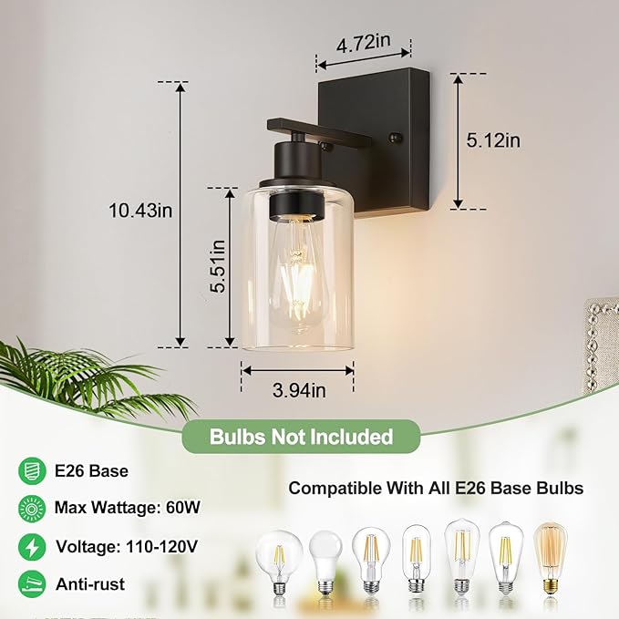 Indoi Set of 2 Wall Sconces for Bathroom, Matte Black Modern Vanity Lights with Clear Glass Shade, Bathroom Wall Lamp for Mirror Kitchen Living Room Hallway Cabinet Porch
