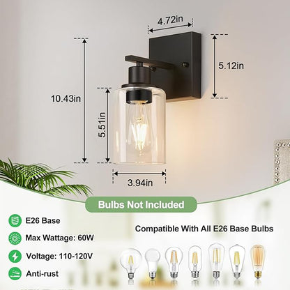 Indoi Set of 2 Wall Sconces for Bathroom, Matte Black Modern Vanity Lights with Clear Glass Shade, Bathroom Wall Lamp for Mirror Kitchen Living Room Hallway Cabinet Porch