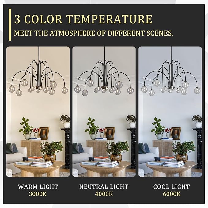 CATINER Modern Black Chandelier 12 Lights Sputnik Chandelier Large L52” Mid Century Ceiling Pendant Light Fixtures with Smoke Glass Globe Shades for High Ceiling Living Dining Room Foyer Staircase