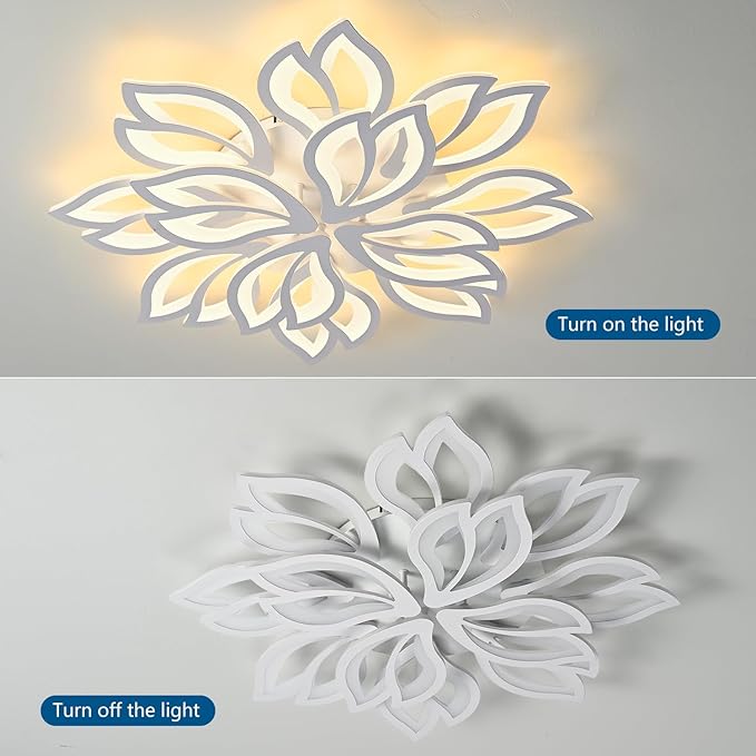 Modern White Flower Ceiling Light Fixture, 30 Inch Dimmable Flush Mount with 12 Leaves, Low Profile for Living Room, Dining Room, Bedroom