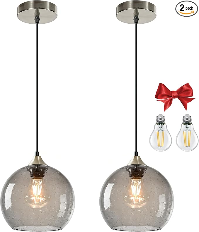 7.1in Medium Light Gray Glass Pendant Light for Kitchen Island, 2-Pack with Extra LED Bulbs & 4.92ft Adjustable Cord | Modern Minimalist Lighting for Dining Room, Living Room, Entryway