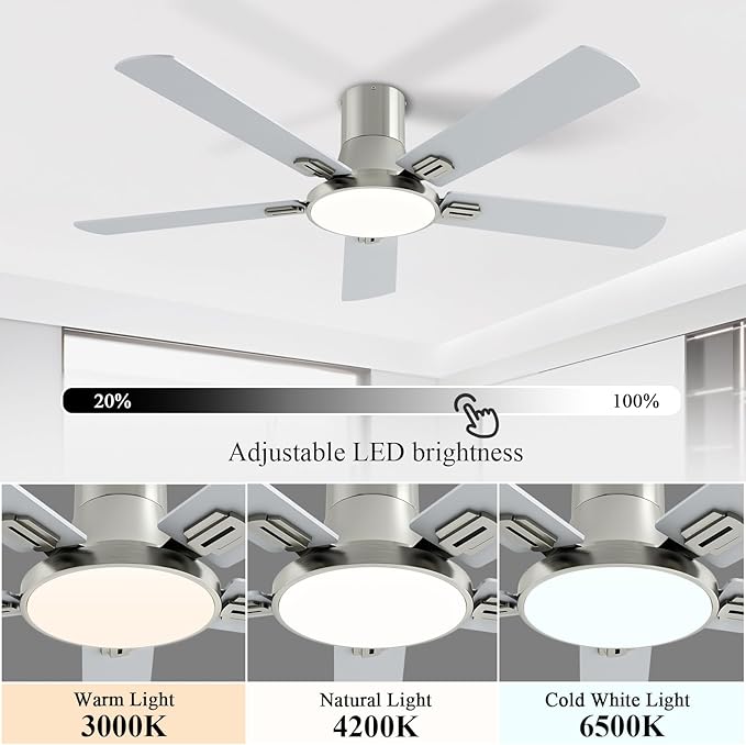 SNJ 52 Inch Brushed Nickel Ceiling Fans with Lights and Remote,Flush Mount Low Profile 5 Blades Ceiling Fan,Dimmable Quiet Reversible DC Motor for,Living Room,Bedroom and Patio
