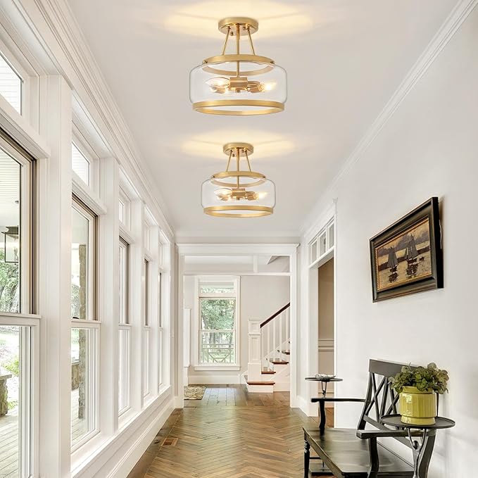 Brushed Gold Modern Ceiling Light Semi Flush Mount Hallway Lights Entryway Chandelier 3-Light Drum Glass Bathroom Ceiling Lighting Fixtures for Kitchen Foyer Bedroom Laundry Dining Room