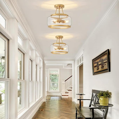 Brushed Gold Modern Ceiling Light Semi Flush Mount Hallway Lights Entryway Chandelier 3-Light Drum Glass Bathroom Ceiling Lighting Fixtures for Kitchen Foyer Bedroom Laundry Dining Room