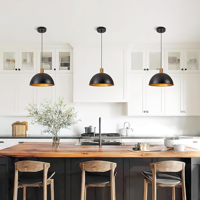 12 Inch Black Dome Pendant Lights 2 Pack for Kitchen Island, Height Adjustable Farmhouse Industrial Hanging Light Fixtures Over Table for Dining Room, Entryway