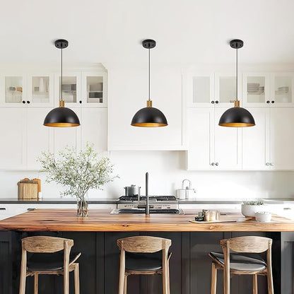 12 Inch Black Dome Pendant Lights 2 Pack for Kitchen Island, Height Adjustable Farmhouse Industrial Hanging Light Fixtures Over Table for Dining Room, Entryway