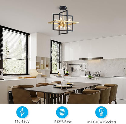 XINGQI Modern Geometric Pendant Lighting 8-Light Black and Gold Farmhouse Chandelier Ceiling Light Fixtures for Dining Room Living Room Kitchen Island Bedroom Hallway
