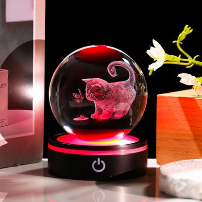 YWHL 3D Cat Crystal Ball Figurine with Colorful LED Base, Laser Engraved Cat Gifts for Women Men Cats Lovers, Glass Cats and Butterfly Statue Decorative Ball for Home Decor (80mm)
