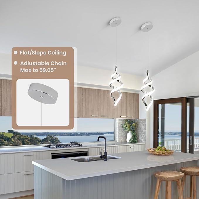 Modern Led Pendant Light Fixture, 15W Chrome Spiral Led Chandelier Hanging Lamp, 4500K Daylight White Pendant Lamp, Adjustable Height Pendant Light for Kitchen Dining Room Bedroom Kitchen Island Cafe