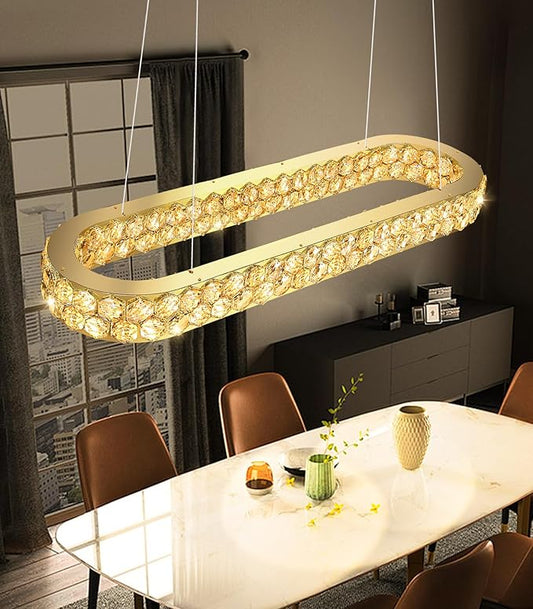40'' Modern Oval Chandelier Crystal Chandeliers for Dining Room Round Ceiling Light Fixture for Living Room Lighting LED Dimmable with Remote Ring Lights Gold