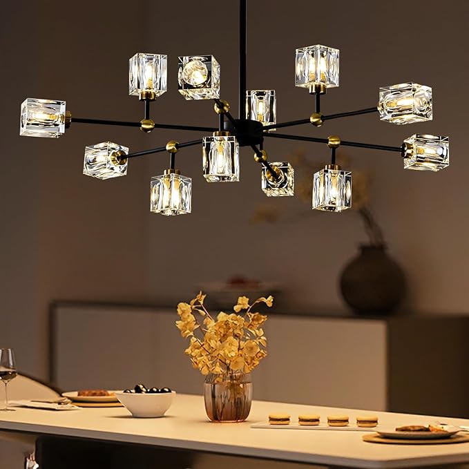 12-Light Black Crystal Chandelier Modern Sputnik Chandeliers for Dining Room Adjustable Height Sputnik Ceiling Light Fixture for Living Room Kitchen Island Bedroom
