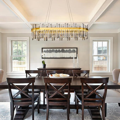 Gold Led Modern Crystal Chandelier: 39.3" Rectangle Linear 3 Color Dimmable Chandeliers for Dining Room Over Table-Luxury Rectangular Contemporary Oval Light Fixture for Living Room Bedroom Foyer
