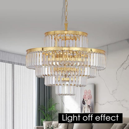 Gold Modern Style Crystal Chandeliers & LightsRound Hanging Classic, Pendant Ceiling Chandelier Lighting Fixture 5-Tier for Dining Room Living Room(Golden Orange,24 inch)