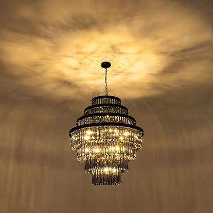 Wellmet Smoke Gray Luxury 7-Tier Chandelier - Large Black Crystal Chandelier for Living, Dining, Porch, Entryway, Hallway, Restaurant - 31''W