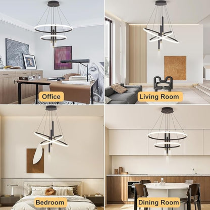 ORANOOR LED Black Modern Chandeliers for Dining Room Bedrooms Living Room, Dimmable 24in 5250lm Kitchen Pendant Lamp Dining Room Light Fixtures Ceiling Hanging Over Table, 2 Ring Round Chandeliers