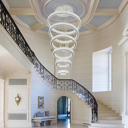 Finktonglan 6-Ring Crystal LED Chandelier, Cool White 6000K Modern Pendant Light, Adjustable Height up to 118", K9 Stainless Rings (Ø7.9–27.6"), Non-Dimmable for Foyer Stair Living Room