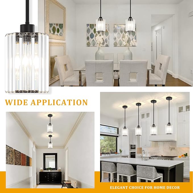 3-Pack Black Pendant Lights Kitchen Island Modern Crystal Hanging Pendant Light Hexagonal Mini Chandelier Adjustable Hanging Kitchen Lights for Dining Room Hallway Bedroom Entryway Light Fixtures