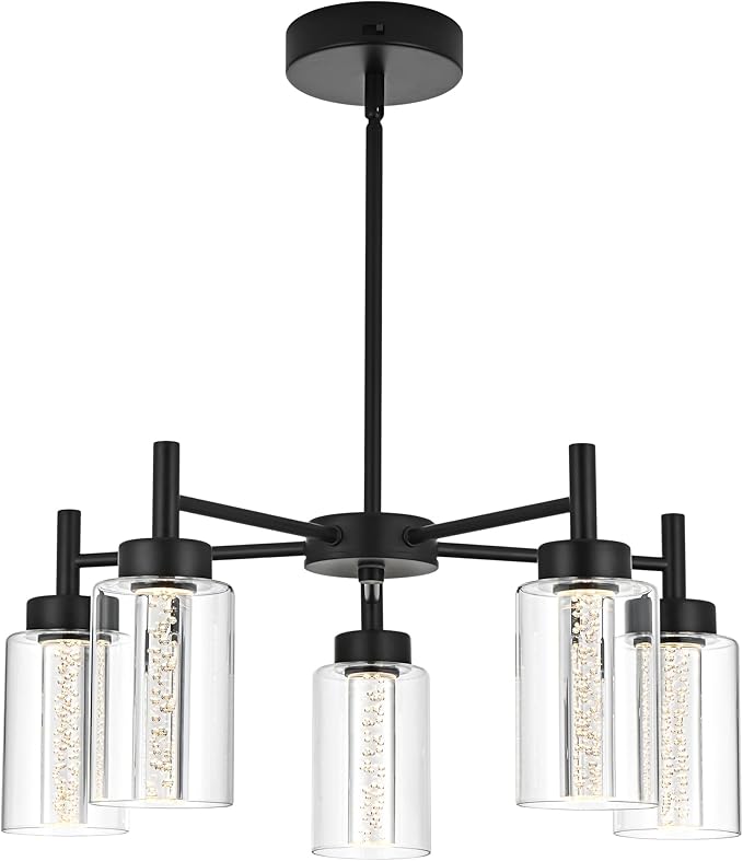 5 Light LED Modern Pendant Lights, Classic Black Chandelier with Crystal Bubble Clear Glass Shade Indoor Kitchen Island Lights Fixtures for Dining Room Cafe Bar