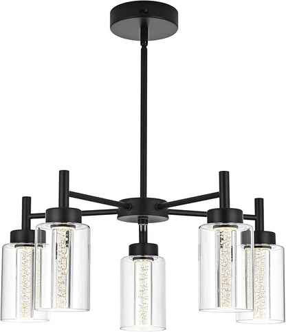 5 Light LED Modern Pendant Lights, Classic Black Chandelier with Crystal Bubble Clear Glass Shade Indoor Kitchen Island Lights Fixtures for Dining Room Cafe Bar