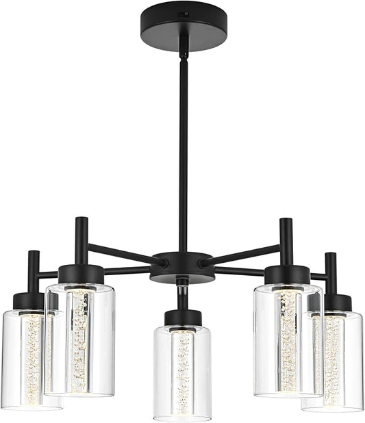 5 Light LED Modern Pendant Lights, Classic Black Chandelier with Crystal Bubble Clear Glass Shade Indoor Kitchen Island Lights Fixtures for Dining Room Cafe Bar