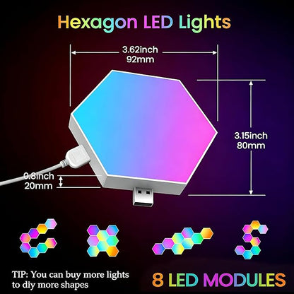 TISOFU 8 Pack Hexagon Lights LED Wall Panels, RGB Color Gaming Light Decoration with APP/Music Sync & Remote, Boys DIY Smart Modular Hexagonal Honeycomb Bedroom Glide Hex Tiles Panel