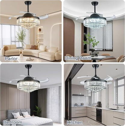 DuMaiWay 42" Dimmable Fandelier Crystal Ceiling Fans with Lights and Remote, Retractable Blades Chandelier Ceiling Fan for Living Room, Bedroom, Dining Room-Black