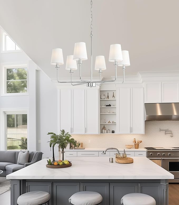 6-Light Chrome Farmhouse Chandelier with Linen Shades, E12 Base Industrial Ceiling Light Fixture, Adjustable Chain for Sloped Ceilings, Kitchen Island & Dining Room Fixture