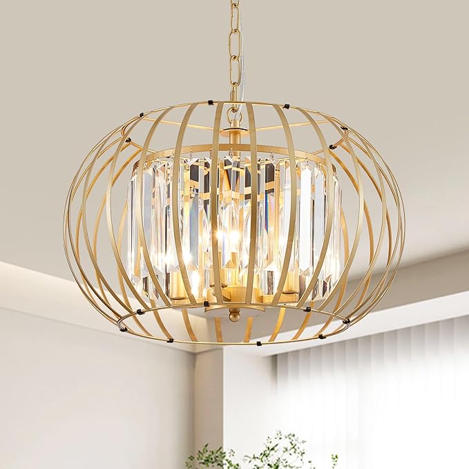 Modern Chandelier for Dining Room 17.7" Gold Crystal Pendant Lighting Fixture Rustic Round Metal Shade Hanging Ceiling 4-Light for Living Room Bedroom Kitchen Island Hallway
