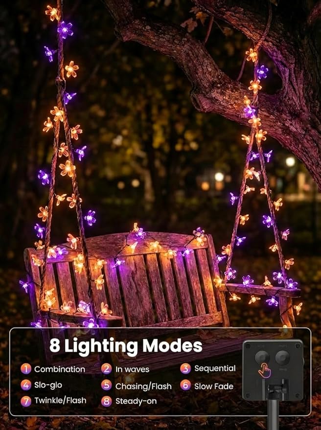 ITICdecor Solar Flower String Lights Outdoor Waterproof 50 LED Solar Powered Fairy Lights for Garden, Fence, Patio, Yard, Christmas Tree & Party Decor(Purple & Orange)