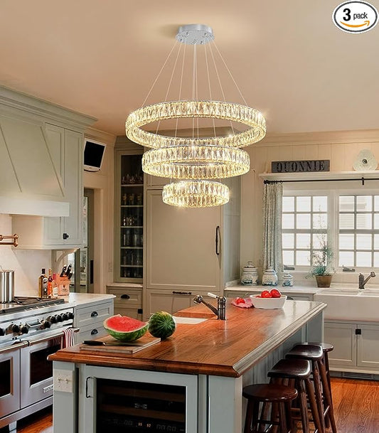 HAIXIANG Modern Glam Chandelier Crystal LED Remote Rings Chandelier Adjustable Hanging Ceilings Pendant Lights Fixture Silver 8"+16"+24" Rings Lighting