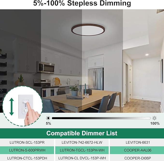 Brightever Walnut Wood LED Flush Mount Ceiling Light, 12 Inch 24W 3200LM Close to Ceiling Light Fixtures, Dimmable & 2700K-6500K 5 Color Selectable Light Fixtures Ceiling Mount, 1 Pack