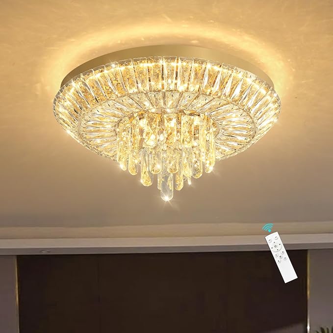 Crystal Chandelier 40W Modern Round Ceiling Light Fixture LED Raindrop Chandeliers Dimmable with Remote for Dining Room Living Room Entryway Hallway Bedroom Gold