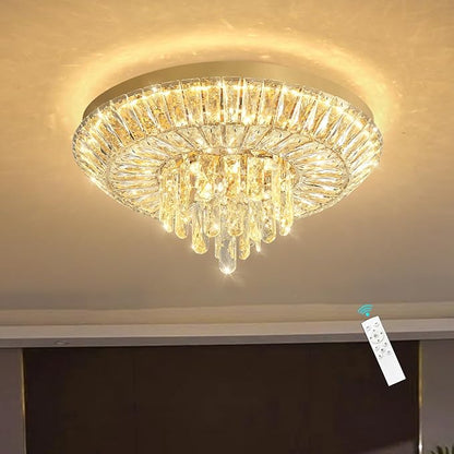 Crystal Chandelier 40W Modern Round Ceiling Light Fixture LED Raindrop Chandeliers Dimmable with Remote for Dining Room Living Room Entryway Hallway Bedroom Gold