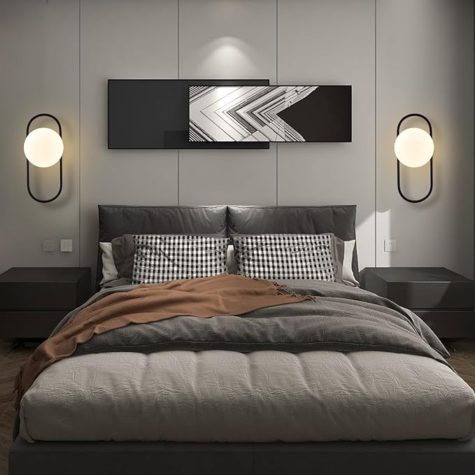 SeeU Vintage Black Wall Sconces Set of Two Globe Wall Lamp with Milky Glass Shades Modern Wall Light Fixtures for Living Room, Bedroom, Stairs, Hallway