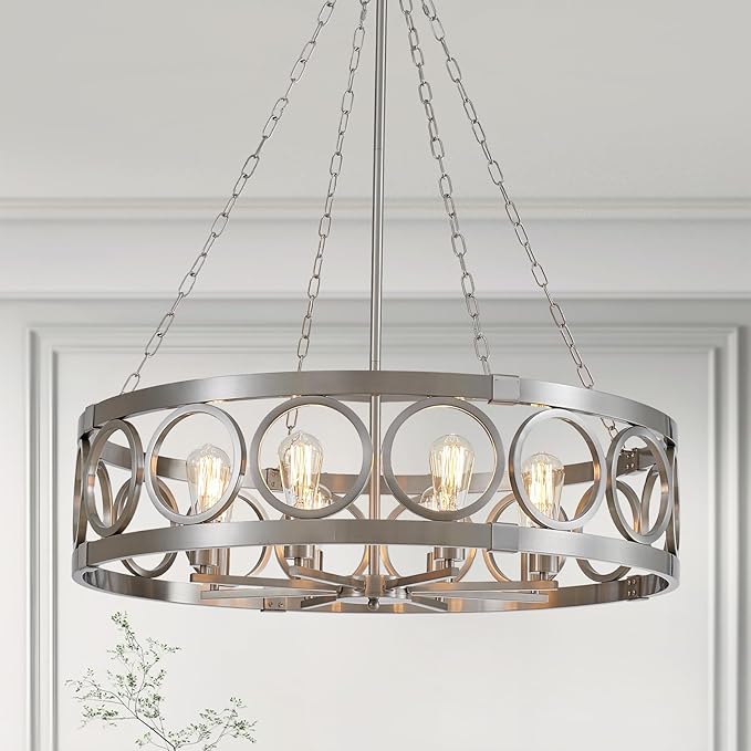 XINGQI 32.3" Large Brushed Nickel Drum Chandelier Modern 8-Light Rustic Farmhouse Round Pendant Lighting Fixture for Dining Room Living Room Office Kitchen Island