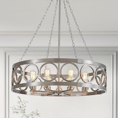 XINGQI 32.3" Large Brushed Nickel Drum Chandelier Modern 8-Light Rustic Farmhouse Round Pendant Lighting Fixture for Dining Room Living Room Office Kitchen Island