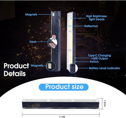 Magnetic Light BAR, 11.81-inches 5000mAh 6000 Lumens Rechargeable Portable Lamp Built in 165 LED Bulbs,with Handy Hook with 2 Magnets Endurance