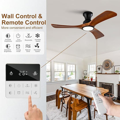 42 inch Flush Mount Ceiling Fans with Lights,Remote Control,Wall Switch,Solid Wood Blades,Dimmable,Reversible,Noiseless,Power Off Memory Low Profile Ceiling Fan for Bedroom Patio Indoor/Outdoor