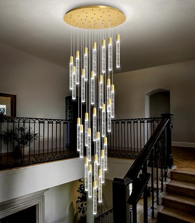 HAIXIANG 14.7 Foot High Ceiling Chandelier for Entryway Modern Crystal Lights for Living Room Foyer Flush Mount Sloping Ceiling Pendant Light Fixture Remote Dimmable 28-Lights Gold