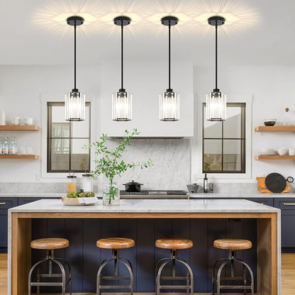 2-Pack Black Pendant Lights Kitchen Island Modern Crystal Hanging Pendant Light Hexagonal Mini Chandelier Adjustable Hanging Kitchen Lights for Dining Room Hallway Bedroom Entryway Light Fixtures