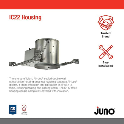 Juno 6 Inch Incandescent Ceiling Light Housing for New Construction, IC Rated Recessed Light, Adjustable Socket Plate, Damp Location UL Listed Can Lighting, Includes Push-in Electrical Connectors