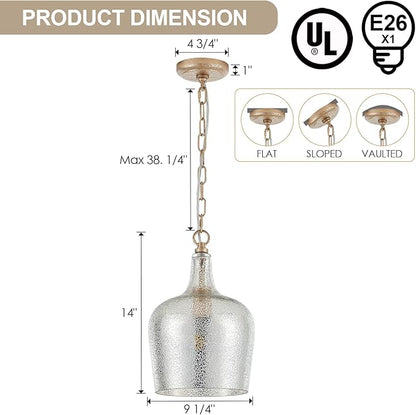 10” Large Silver Plated Hammered Glass Pendant Light Industrial Dome Modern Pendant Lighting Fixtures for Kitchen Island Dining Room Hallway, UL Listed