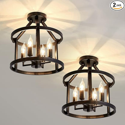 UOFUS 2-Pack Semi Flush Mount Ceiling Light Fixture Farmhouse Matte Chandelier Ceiling Lamp for Entryway Foyer Dining Room Bedroom Kitchen Hallway （Black Metal ）