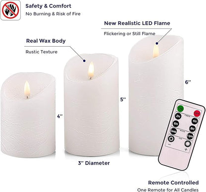 VENTA Set of 3 White Pillar Candles | Real Wax Battery Operated Flickering LED Candles with Remote | Timeless Decor for Farmhouse, Modern & Mantel Displays