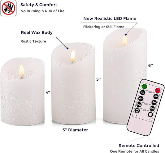 VENTA Set of 3 White Pillar Candles | Real Wax Battery Operated Flickering LED Candles with Remote | Timeless Decor for Farmhouse, Modern & Mantel Displays