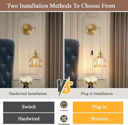 Plug-in Wall Sconce (Set of 2), Vintage Wall Decorative Lamp with Amber Glass Shade, Indoor Plug-in Wall Sconce for Bedroom, Living Room, Hallway