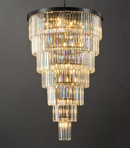 Crystal High Ceiling Chandelier Modern: 30-Inch 7-Tiered Black Staircase Chandeliers - Large Long Hanging Pendant Light Fixture For Entryway Foyer Living Room Luxury Round Flush Mount Ceilings Lights